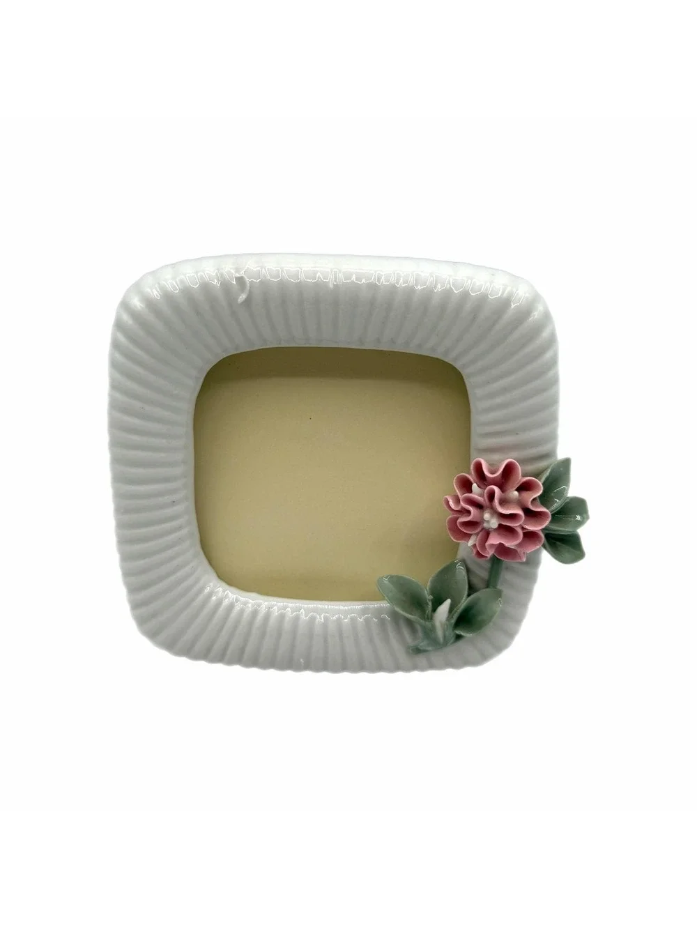 Vintage 3D Sculpted Floral White Ribbed Porcelain Picture Frame – 3x3-Inch Photo